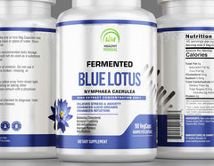 Close-up of a blue lotus supplement bottle with capsules, emphasizing the plant's potential calming and sleep-enhancing benefits.