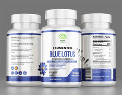 Bottle of blue lotus supplement with capsules, highlighting its use for relaxation, tranquility and sleep support.