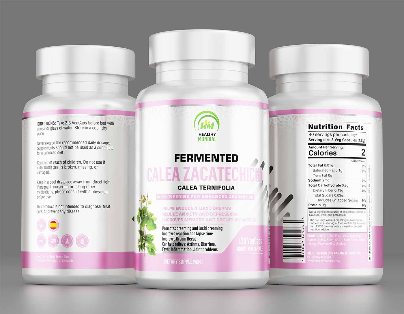 Bottle of calea zacatechichi supplement with capsules, highlighting its use for dream enhancement and sleep support.