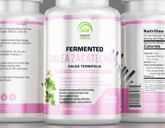 Close-up of a calea zacatechichi supplement bottle with capsules, emphasizing its dream-inducing and sleep-aid properties.