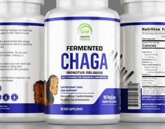 Close-up of a chaga supplement bottle with capsules, highlighting the mushroom's immune-boosting and wellness benefits.