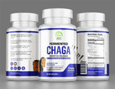 Bottle of chaga mushroom supplement with capsules, emphasizing its antioxidant properties and immune support benefits.