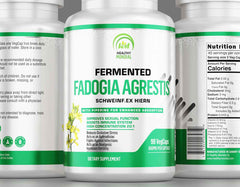 Close-up of a fadogia agrestis supplement bottle with capsules, emphasizing its use for enhancing vitality and athletic performance.