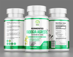 Bottle of fadogia agrestis supplement with capsules, focusing on its potential to boost energy and physical performance.