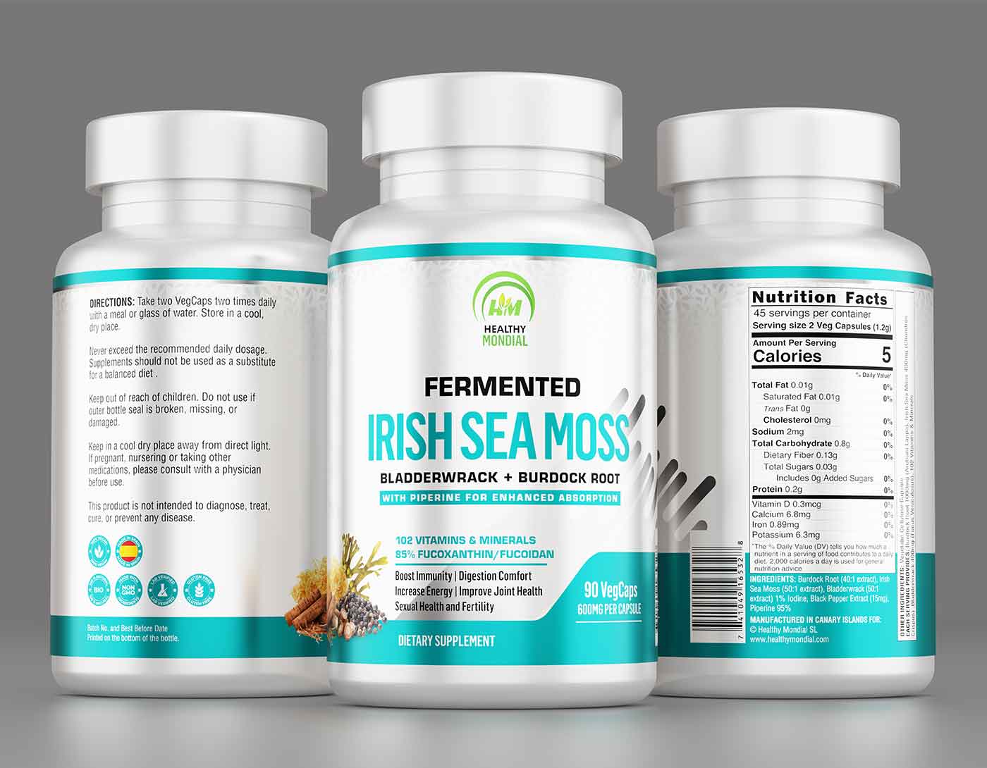 Irish sea moss complex with bladderwrack & burdock root supplement bottle, promoting natural health and wellness.