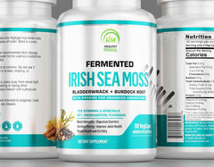 Close-up of irish sea moss complex with bladderwrack & burdock root supplement bottle, herbal blend for natural health.