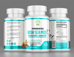 Irish sea moss complex with bladderwrack & burdock root supplement bottle, promoting natural health and wellness.