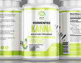 Close-up of a kanna sceletium tortuosum supplement bottle with capsules, emphasizing its use for mood improvement and stress reduction.