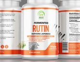 Close-up bottle of rutin sophora japonica supplement with capsules, emphasizing the product's natural origin and potential health benefits.