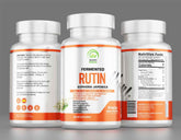 A bottle of Rutin Sophora Japonica supplement with capsules visible, highlighting the natural source and health benefits.