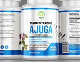 Close-up of a turkesterone supplement bottle with capsules, emphasizing its use for muscle building and athletic performance.