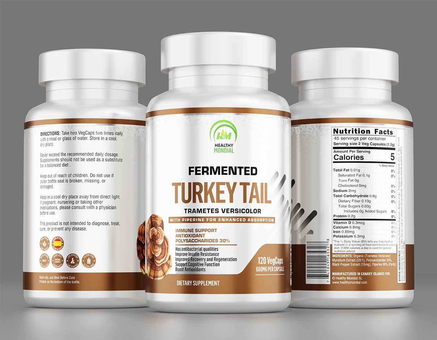 Bottle of turkey tail mushroom supplement with capsules, emphasizing its immune-boosting benefits and natural origin.