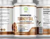 Close-up of a turkey tail supplement bottle with capsules, highlighting the natural mushroom's potential health benefits.
