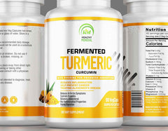 Close-up of turmeric curcumin supplement bottle with yellow capsules, emphasizing its health benefits and natural origin.