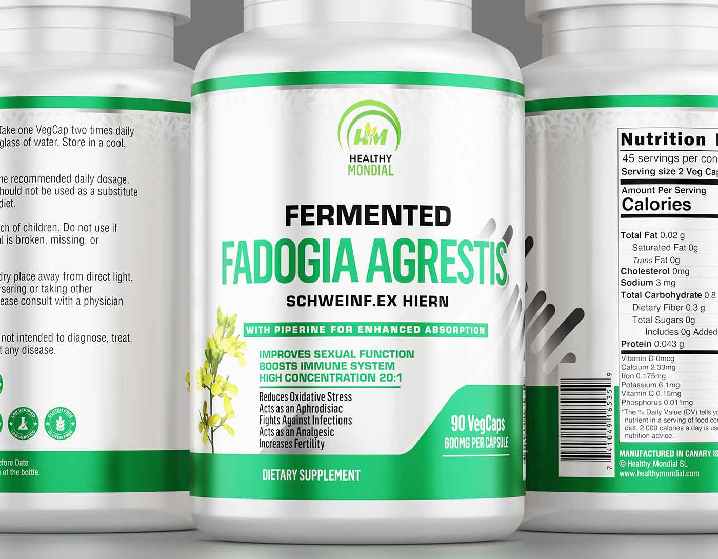 Close-up of a fadogia agrestis supplement bottle with capsules, emphasizing its use for enhancing vitality and athletic performance.